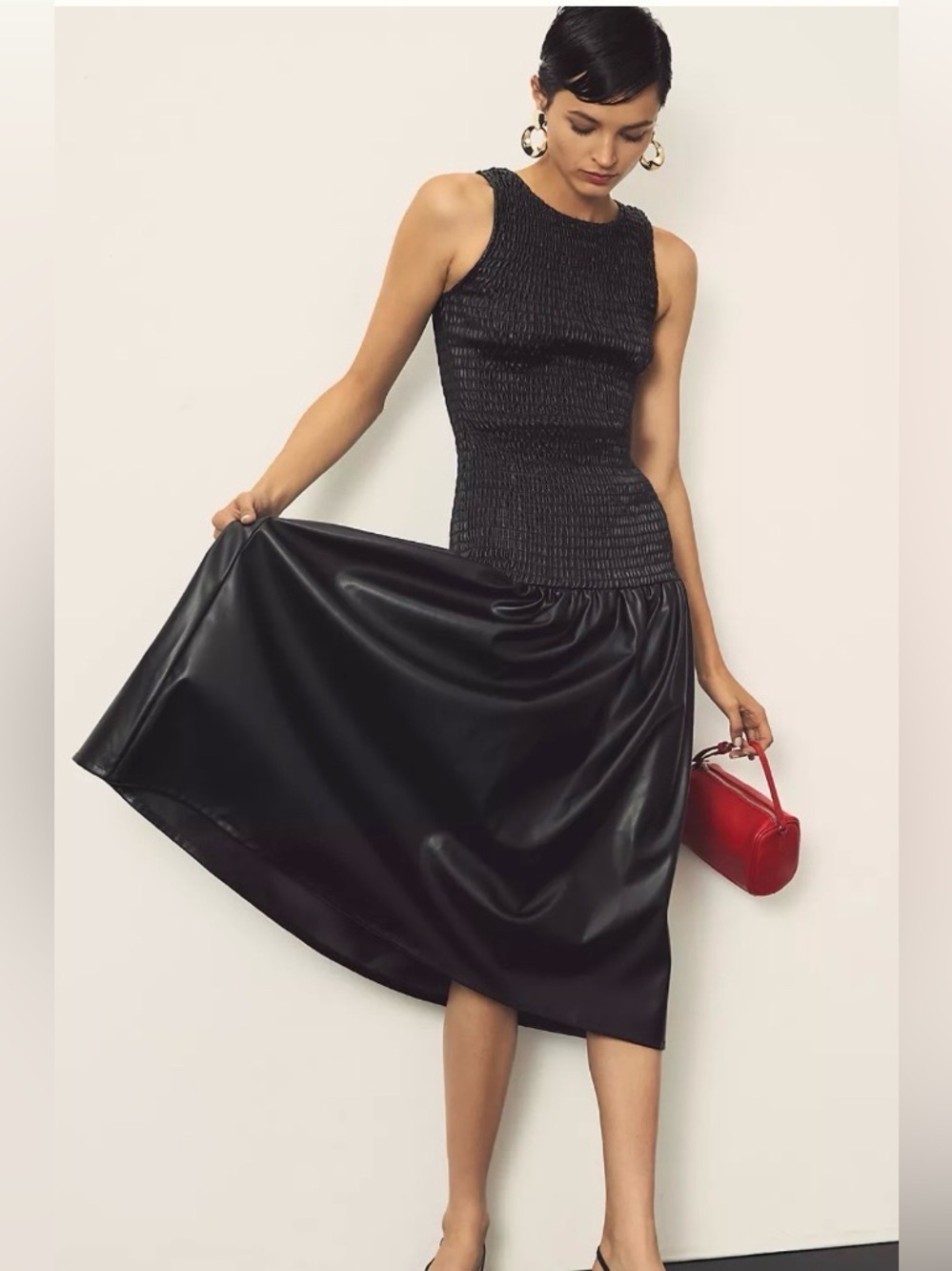 MISA Los Angeles “Priyanka” Smocked Faux-Leather Midi Dress Black Size Medium